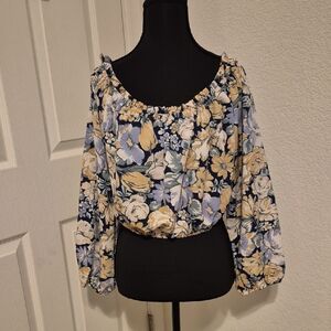 Floral Off-Shoulder Blouse - Blue and Cream